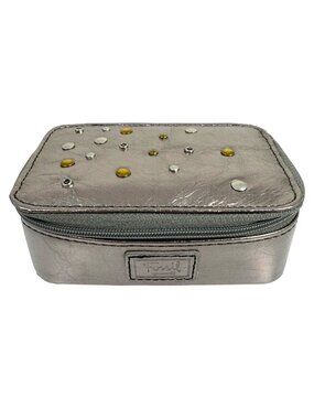 FOSSIL Metallic Leather Studded Zip-Around Weekender Travel Jewelry Case + Key